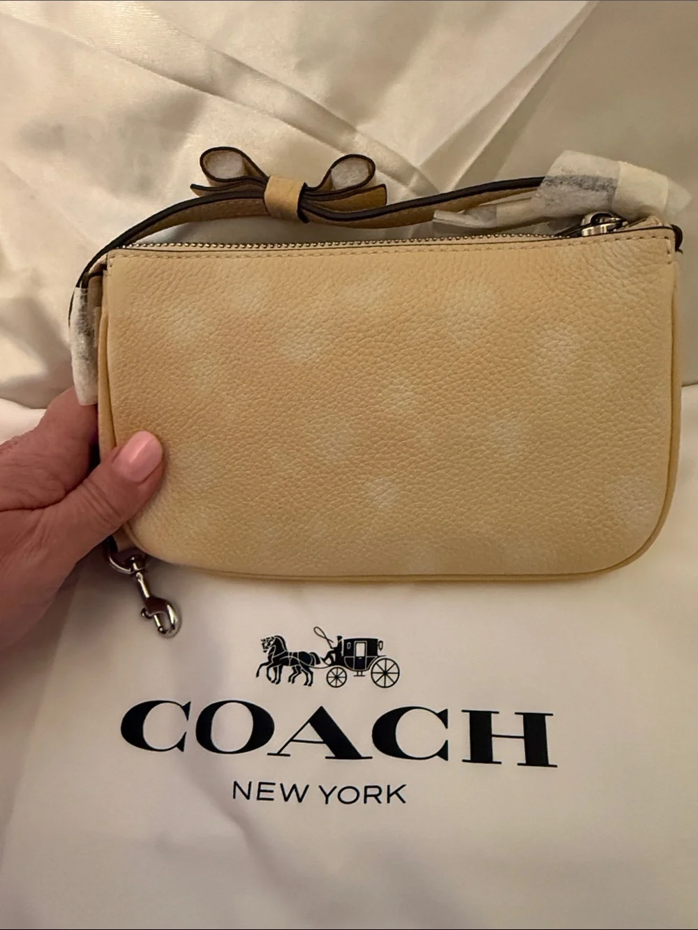 💛Coach NWT Washed Yellow Nolita 19 with Floral Print/Bow Strap/ Silver Hardware